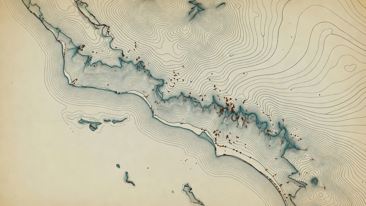The California coastline drawn as topographic contour lines with scattered data points